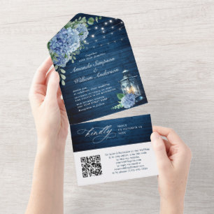 Blue Hydrangea Lantern Wood Wedding QR code All In One Invitation