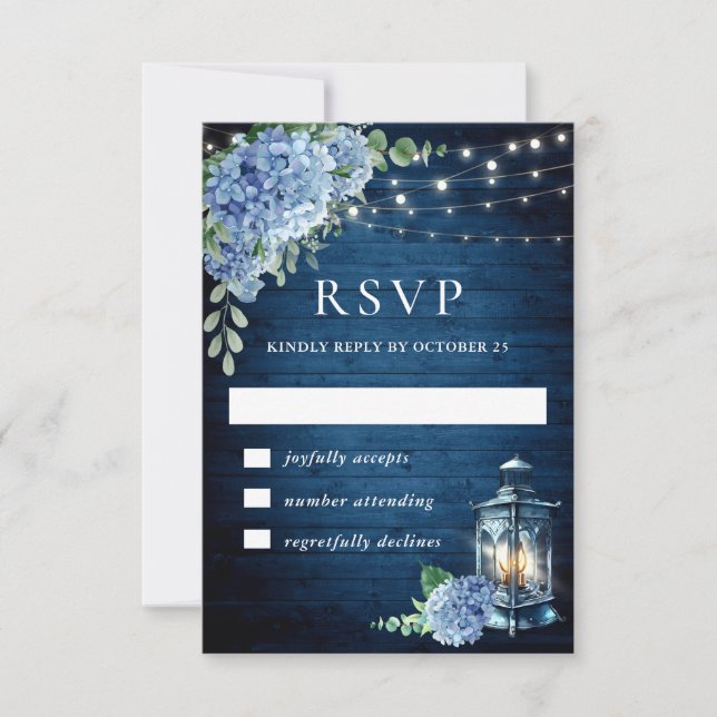 Blue Hydrangea Lantern Wood Wedding Rustic RSVP Card (Front)