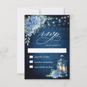 Blue Hydrangea Lantern Wood Wedding Rustic RSVP Card