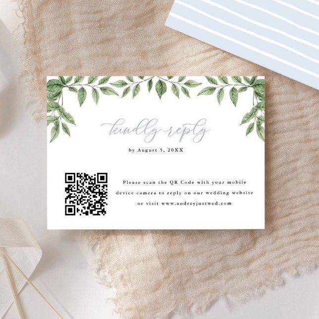 Blue Hydrangea Leaf QR Code Calligraphy Reply RSVP Card (Creator Uploaded)