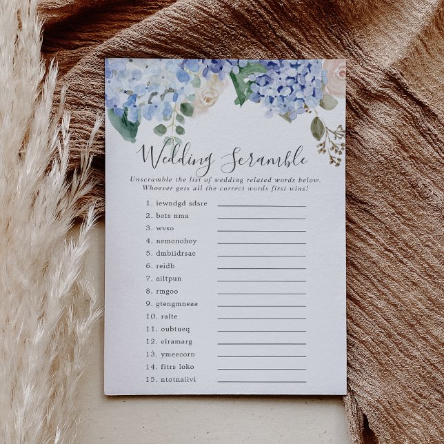 Blue Hydrangea Mariage Mot Début Jeu Carte (Blue Hydrangea Wedding Word Scramble Game Card)