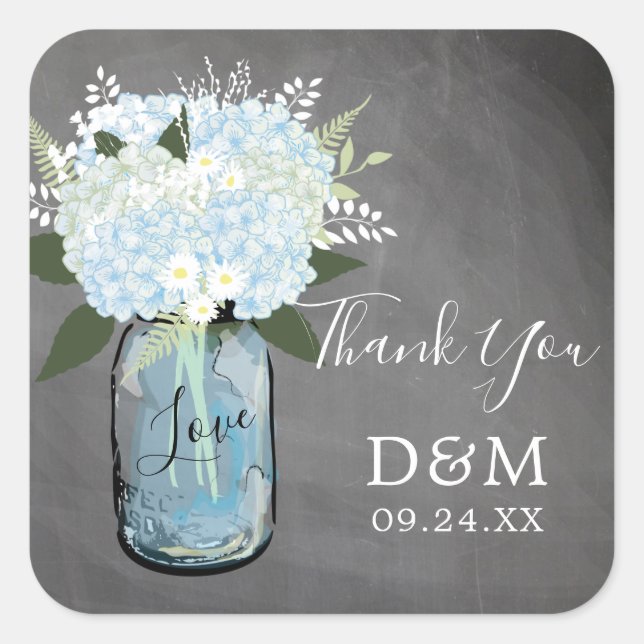 Blue Hydrangea Mason Jar Chalkboard Wedding Favour Square Sticker (Front)