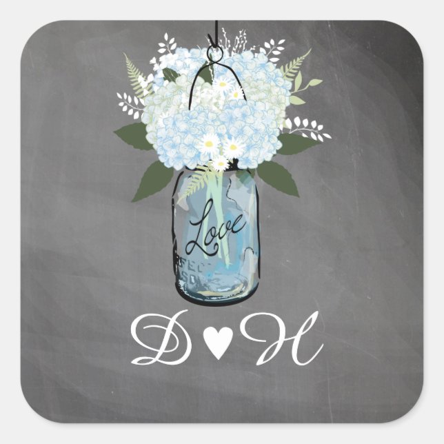 Blue Hydrangea Mason Jar Chalkboard | Wedding Square Sticker (Front)