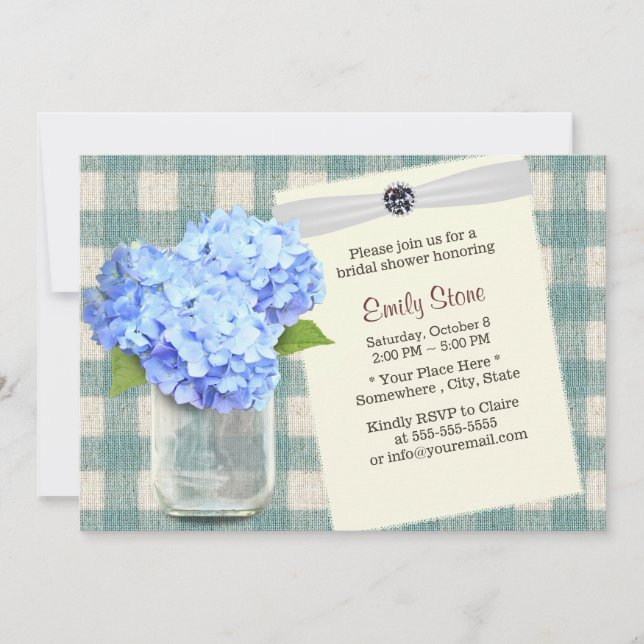 Blue Hydrangea & Mason Jar Plaid Bridal Shower Invitation (Front)