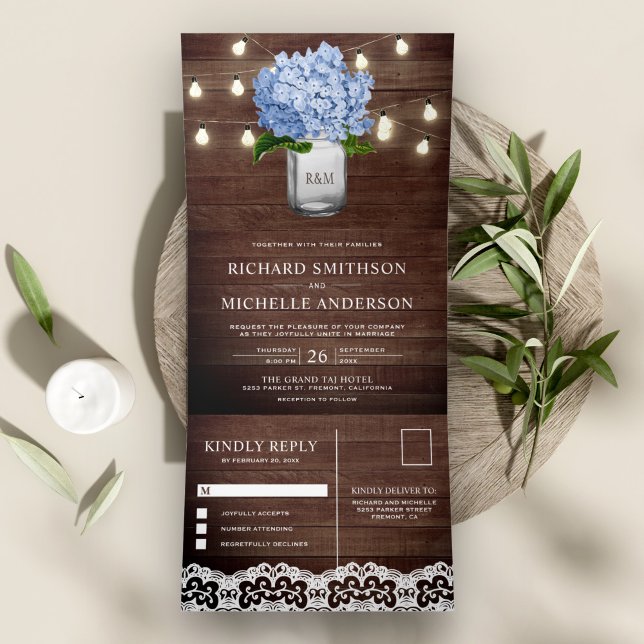 Blue Hydrangea Mason Jar String Lights Wedding Tri-Fold Invitation (Creator Uploaded)