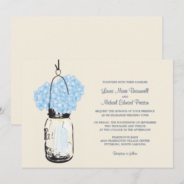 Blue Hydrangea Mason Jar Wedding Invitation (Front/Back)