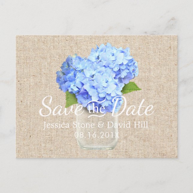 Blue Hydrangea Mason Jar Wedding Save the Date Announcement Postcard (Front)