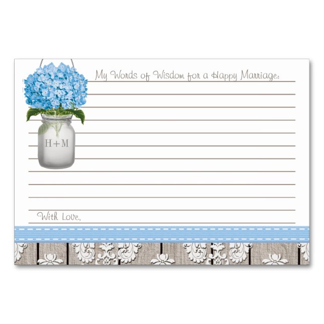 Blue Hydrangea Mason Jar Words of Advice Table Number (Front)