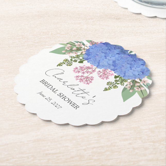 Blue Hydrangea Modern  Floral Bridal Shower Paper Coaster (Angled)