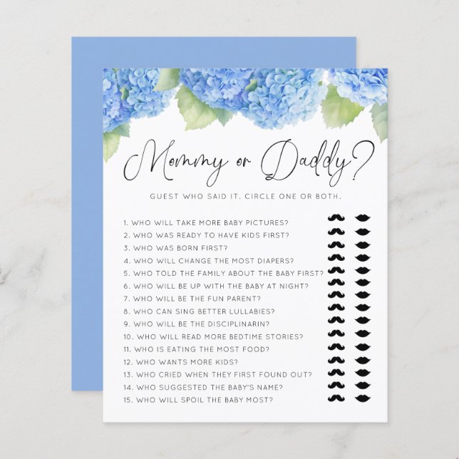 Blue Hydrangea Mommy or Daddy Baby Shower Games (Front/Back)