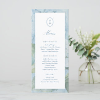 Blue Hydrangea Monogram Crest Wedding Flat Menu