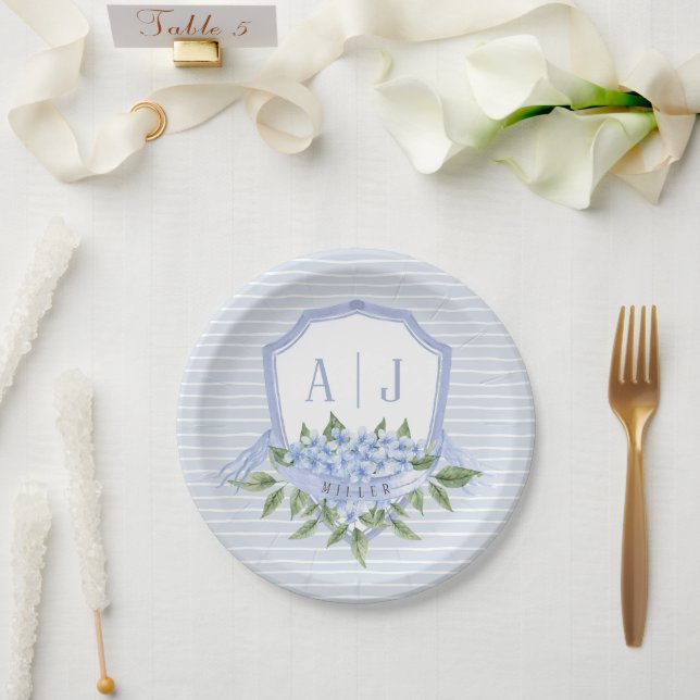 Blue Hydrangea Monogram Crest with Stripes Paper Plate (Wedding)