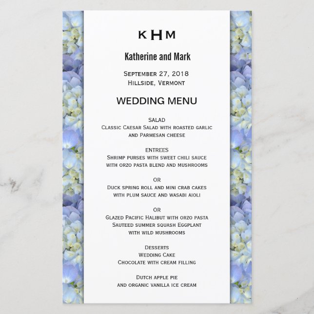 Blue Hydrangea Monogram Mariage Menu Modèle (Devant)