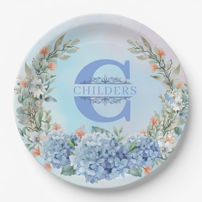 Blue Hydrangea Monogram Paper Plate (Front)