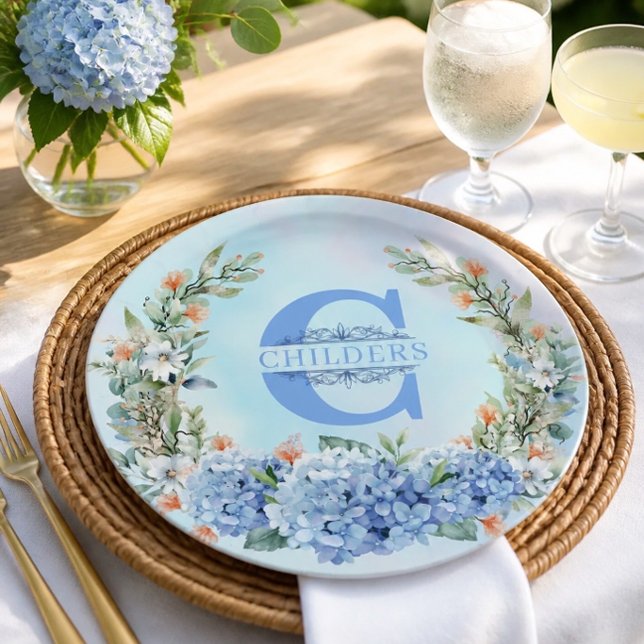Blue Hydrangea Monogram Paper Plate (Creator Uploaded)