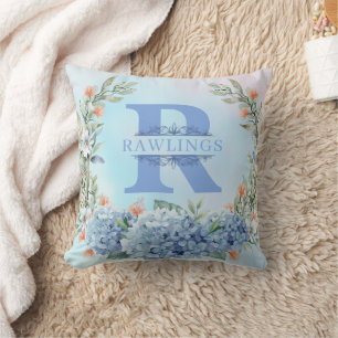 Blue Hydrangea Monogram Throw Pillow