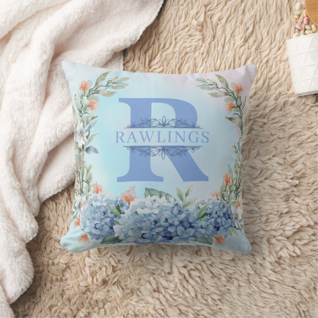 Blue Hydrangea Monogram Throw Pillow (Blanket)