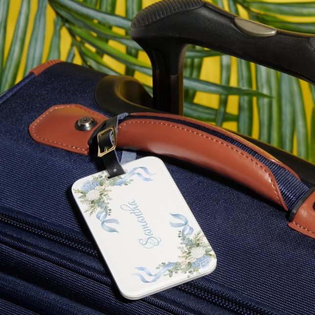 Blue Hydrangea Name  Personalized Luggage Tag (Front Insitu 1)