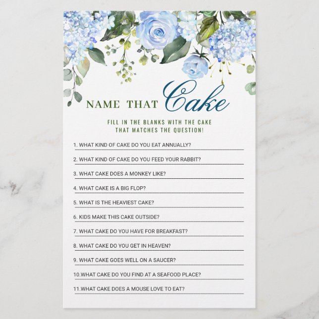 Blue Hydrangea Name That Cake Bridal Shower Game (Front)