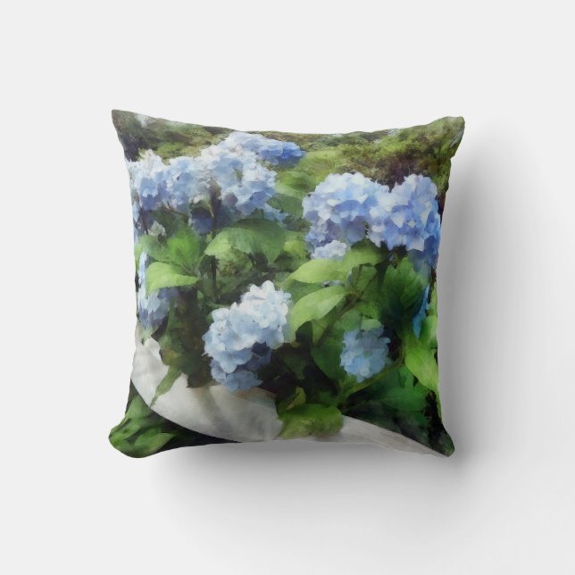 Blue Hydrangea on White Fence Throw Pillow (Front)