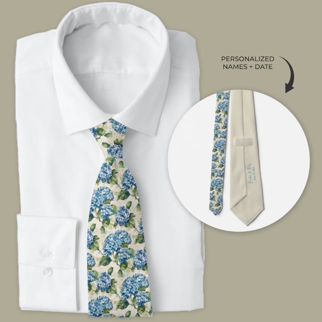 Blue Hydrangea Personalized Watercolor Tie (Blue hydrangea wedding necktie)