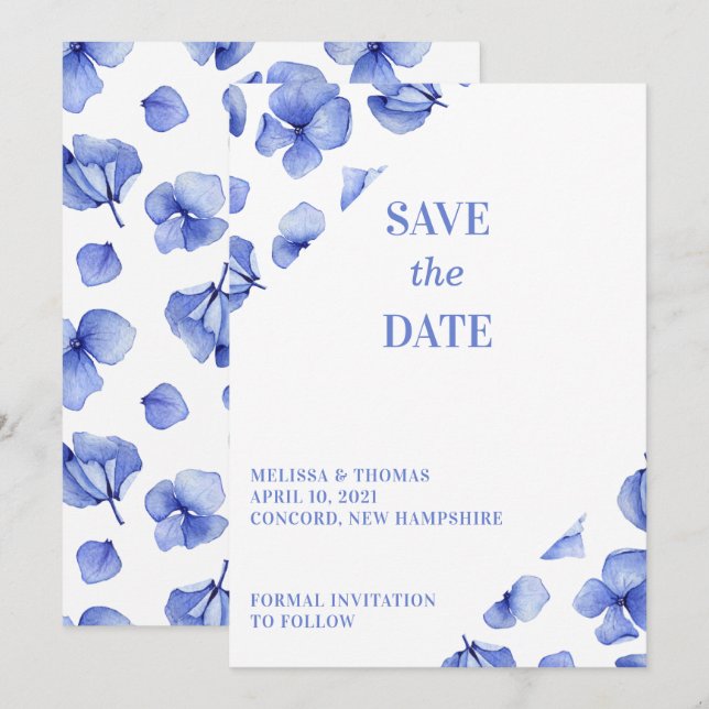 Blue Hydrangea Petals Non-Photo Save The Date (Front/Back)