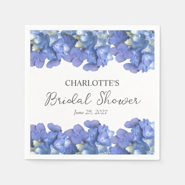 Blue Hydrangea Petals Personalized Bridal Shower Napkin (Front)
