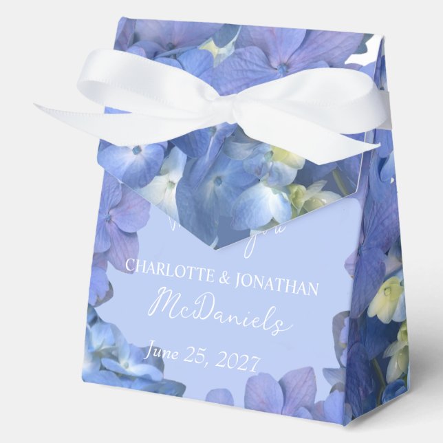 Blue Hydrangea Petals Wedding Personalized Names Favor Box (Front)