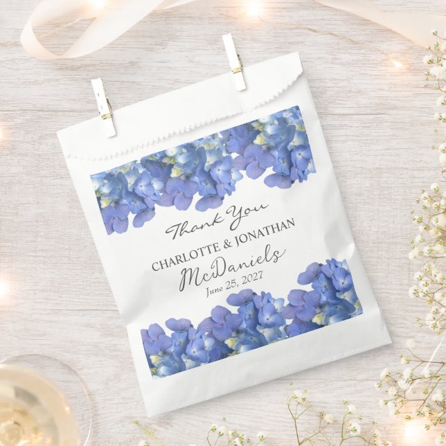 Blue Hydrangea Petals Wedding Personalized Names Favour Bag (Clipped)