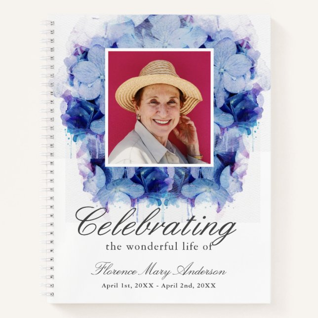 Blue Hydrangea Photo Memorial Funeral Guest Book (Front)