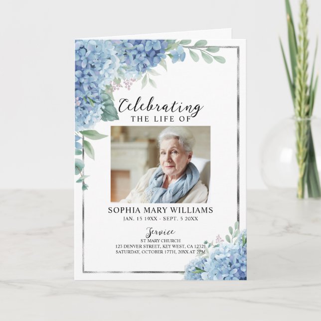 Blue Hydrangea Photo Memorial Funeral Program (Front)