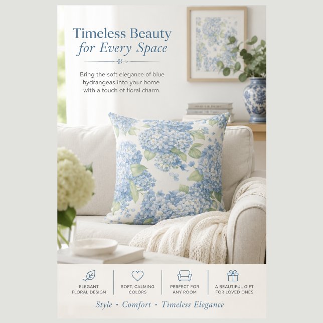 Blue Hydrangea Pillow Floral Home Decor (Blue Hydrangea Elegance. Update your home decor with this blue and white floral throw pillow cushion)