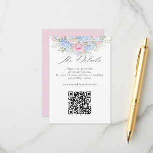 Blue Hydrangea Pink Floral Wedding Website QR Code Enclosure Card