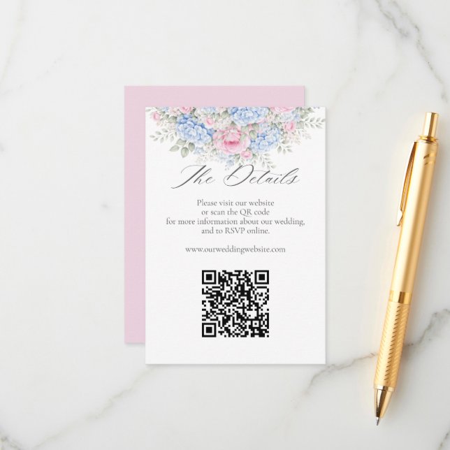 Blue Hydrangea Pink Floral Wedding Website QR Code Enclosure Card (Front/Back In Situ)