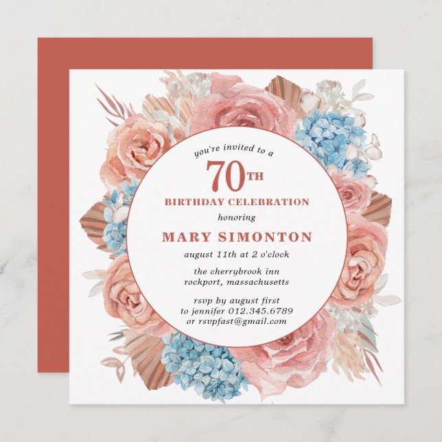 Blue Hydrangea Pink Rose Floral 70th Birthday Invitation (Front/Back)