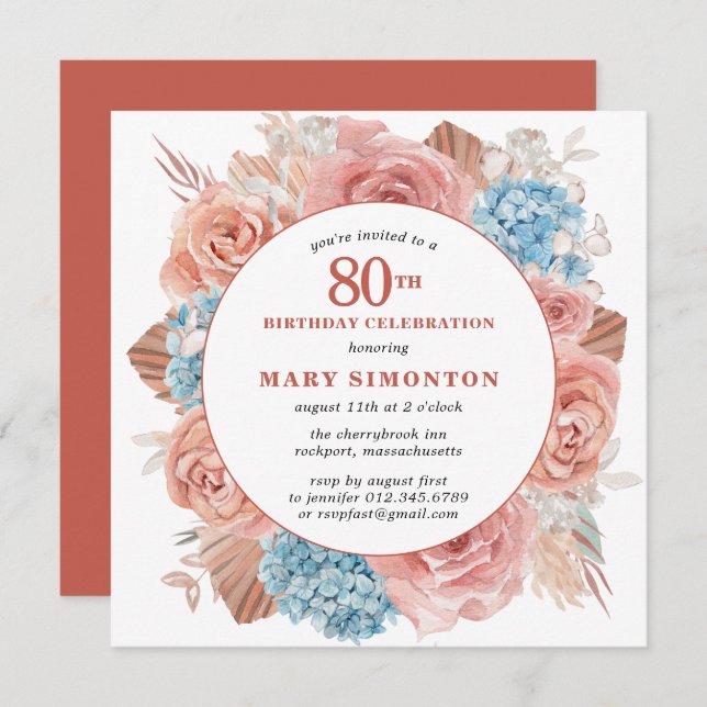 Blue Hydrangea Pink Rose Floral 80th Birthday Invitation (Front/Back)