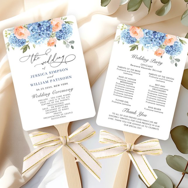 Blue Hydrangea Pink Roses Wedding Ceremony Program Hand Fan (Creator Uploaded)