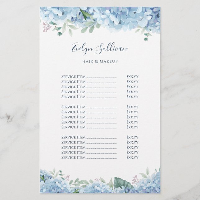 Blue hydrangea price list flyer (Front)