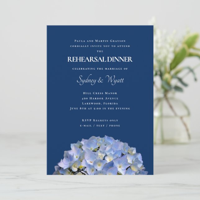 Blue Hydrangea Rehearsal Dinner Host Names Invitation (Standing Front)