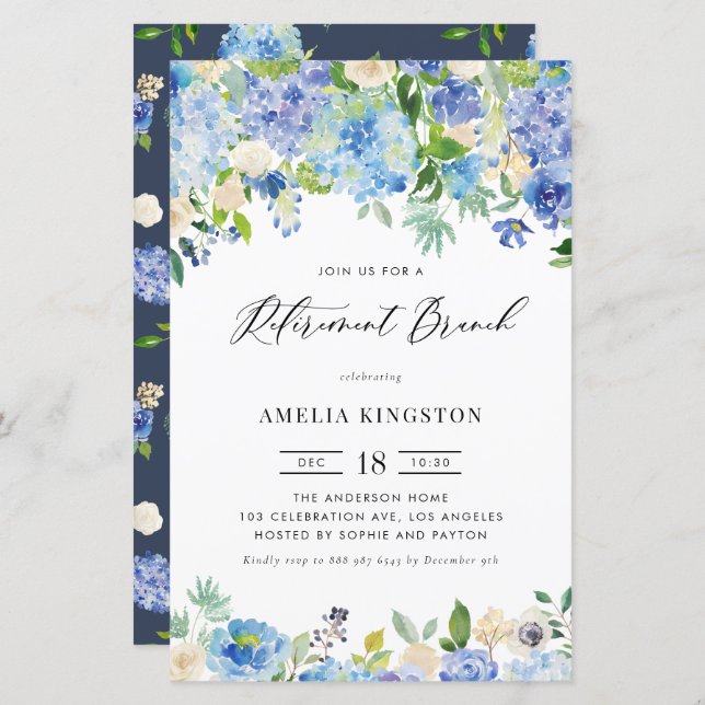 Blue Hydrangea Retirement Brunch Invitation (Front/Back)