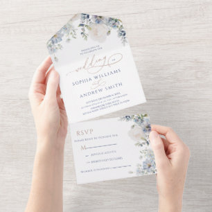 Blue Hydrangea & Rose Wedding  All In One Invitation