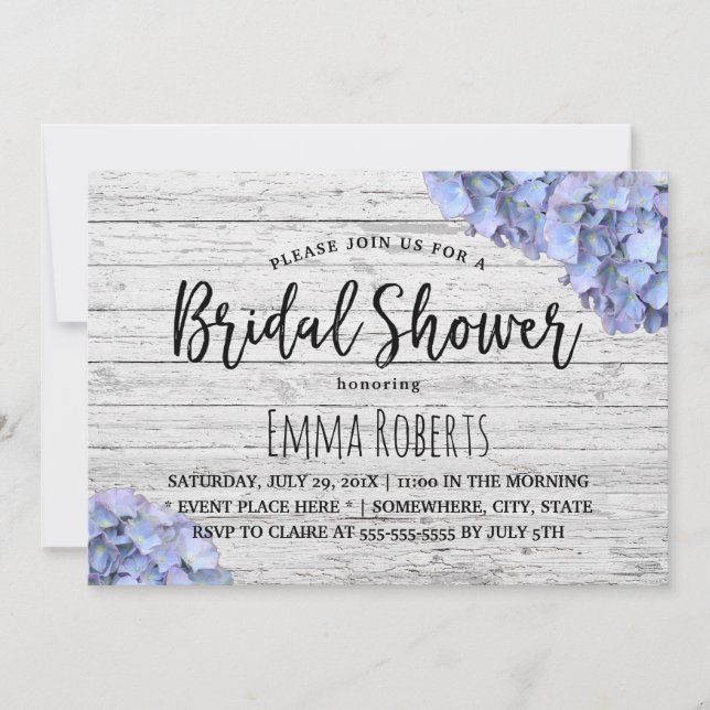 Blue Hydrangea Rustic Wedding Bridal Shower Invitation (Front)