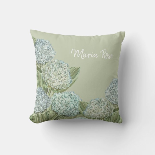 Blue Hydrangea/ Sage Green Throw Pillow (Front)