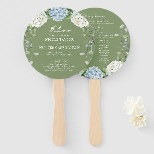 Blue Hydrangea Sage Green Wedding Program Hand Fan