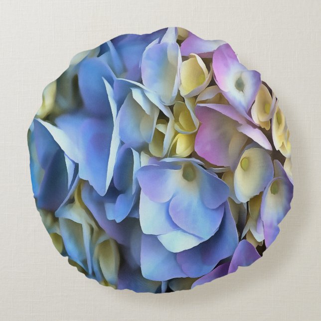 Blue Hydrangea Shrub Artistic Bossom Round Pillow (Back)