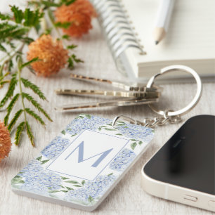 Blue Hydrangea Single Initial Monogram Custom Keychain