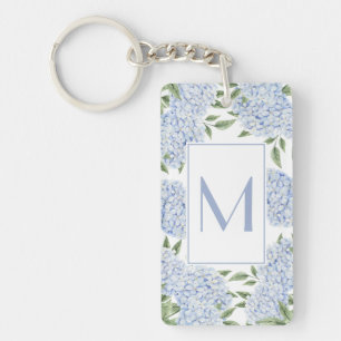 Blue Hydrangea Single Initial Monogram Custom Keychain