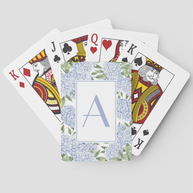 Blue Hydrangea Single Initial Monogram Custom Playing Cards (Back)