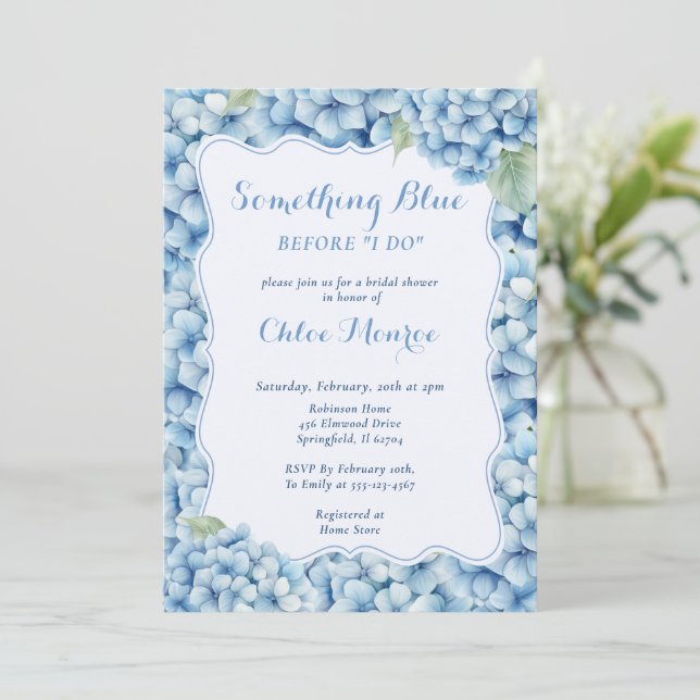 Blue Hydrangea Something Blue Before I Do Elegant Invitation (Standing Front)