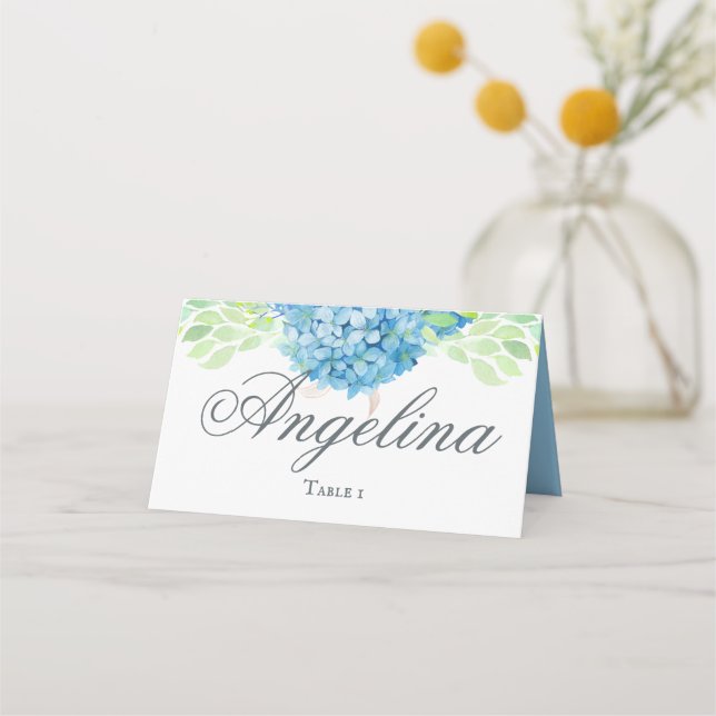 Blue Hydrangea Sophisticated Wedding Place Card (Front)